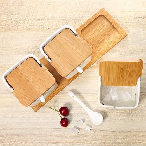 Miniatura 24 de Azucarero de cerámica con tapas de bambú y bandeja para servir cucharas, recipiente de azúcar de porcelana para azúcar, té, café, especias