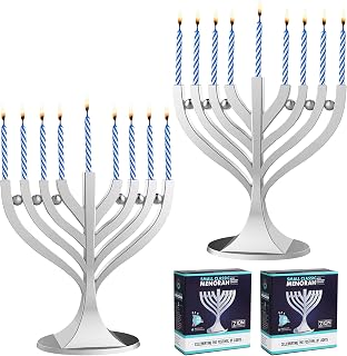 Zion Judaica Mini Silver Menorah with 44 Birthday Candles Small Travel Minorah w/Chanukah Candles On-The-Go Hanukkiah Menora Compact Hanukkah Candle Holder Menorahs Hanukkah Gift Multi Menorot 2 Pack