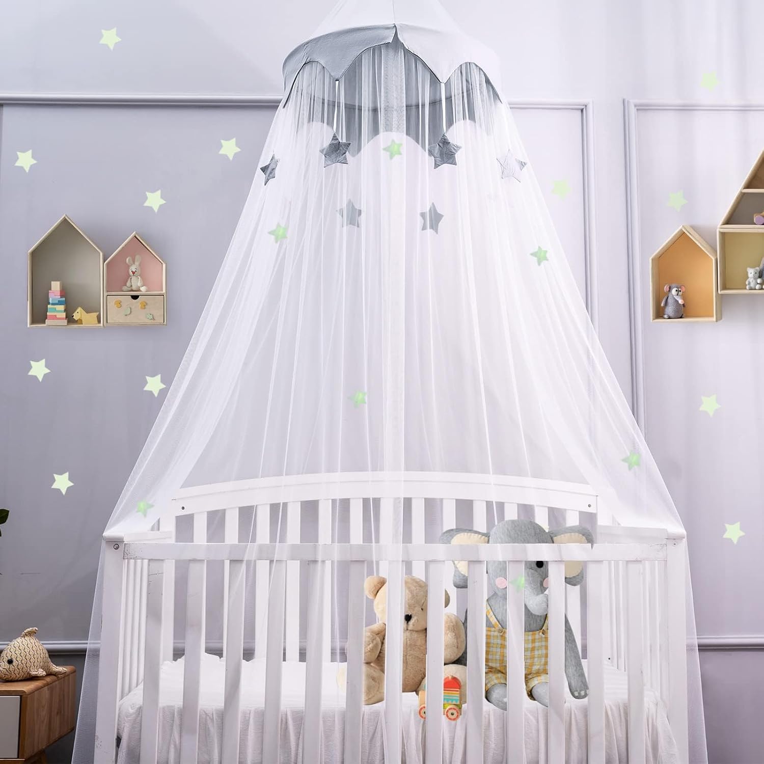LOAOL Canopy for Kids Bed with Stars, Crib Canopy with Dome & Soft Net