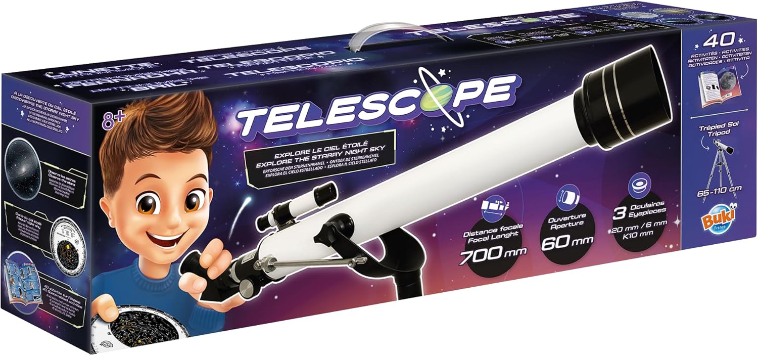 BUKI TS010 Telescope for Children Aged 8+ - 40 Activities to Discover Starry Sky, Planets and Moon - 60mm Aperture 700mm Focal Length Metal Tube 3 Eyepieces Aluminium Tripod
