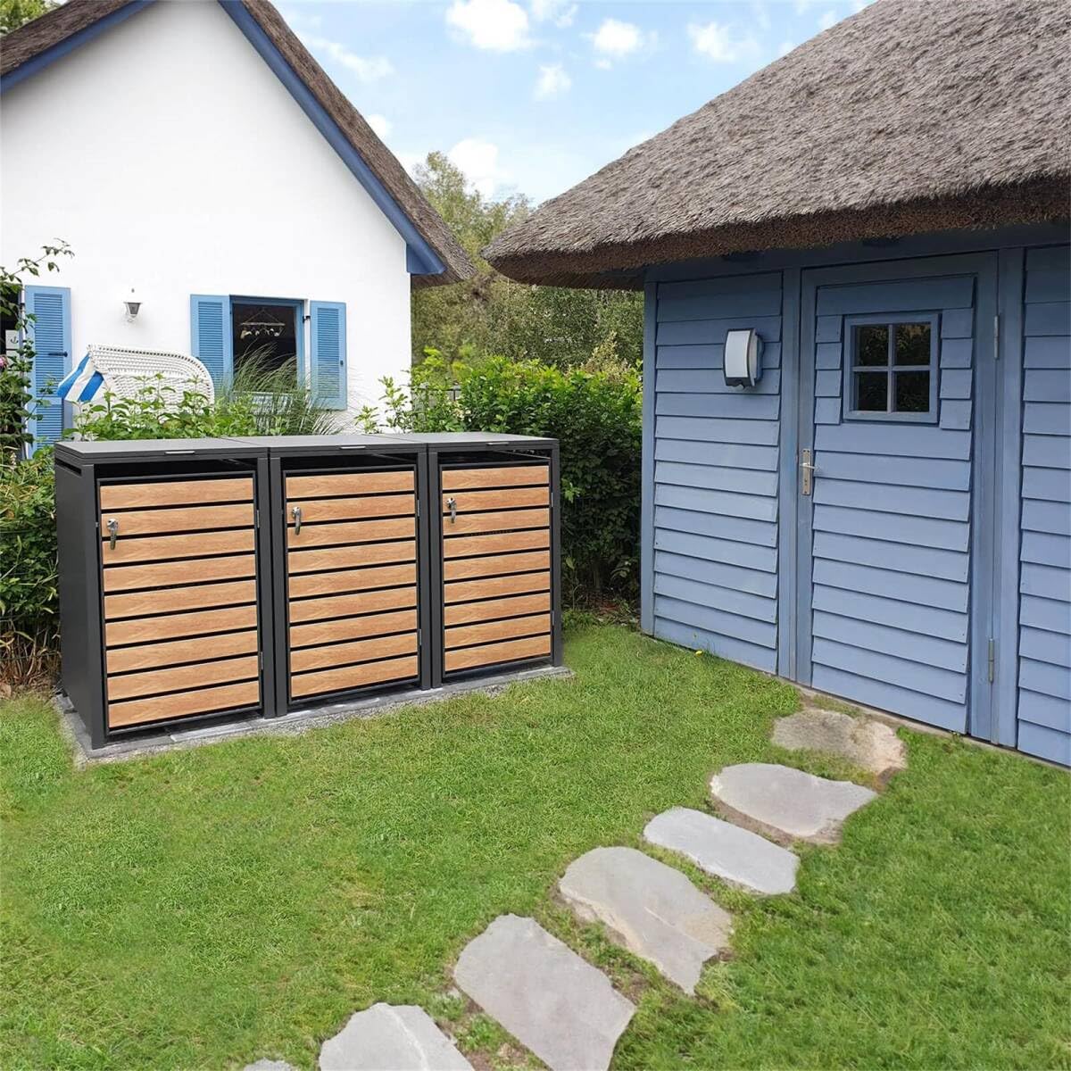 Metzler box pattumiere design antracite & effetto legno 3x240L, acciaio verniciato a polvere, robusto e chiudibile