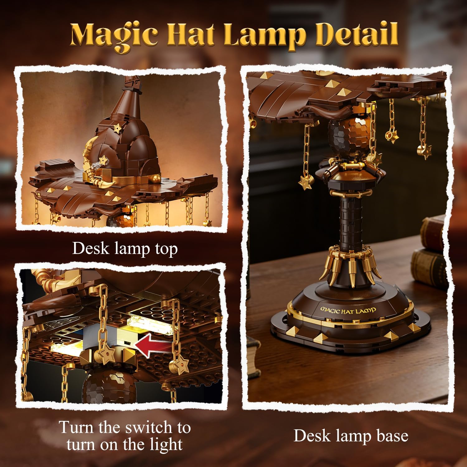 Magic Hat Lamp Toy Building Kit,Compatible with Lego Sets, 698PCS Light-Up Wizard Hat Desk Retro Lamp, Fantasy Sorcerer Decor with Chains & Stars, STEM Creative Gift for Movie Fans Adults & Teens