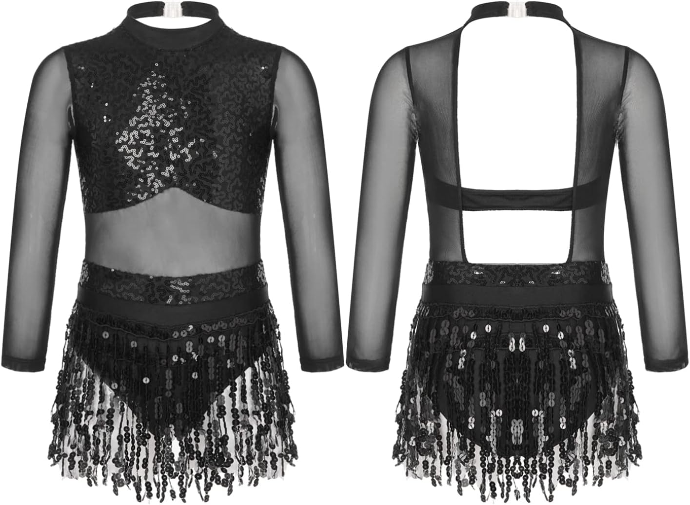 JEATHA Big Girls Latin Jazz Modern Dance Costume Sequins Cut Out Back Leotard Tassel Dress Dancewear