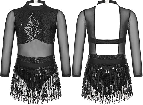 JEATHA Disfraz de baile moderno de jazz latino para niñas grandes, con lentejuelas recortadas en la espalda, leotardo con borlas, ropa de baile