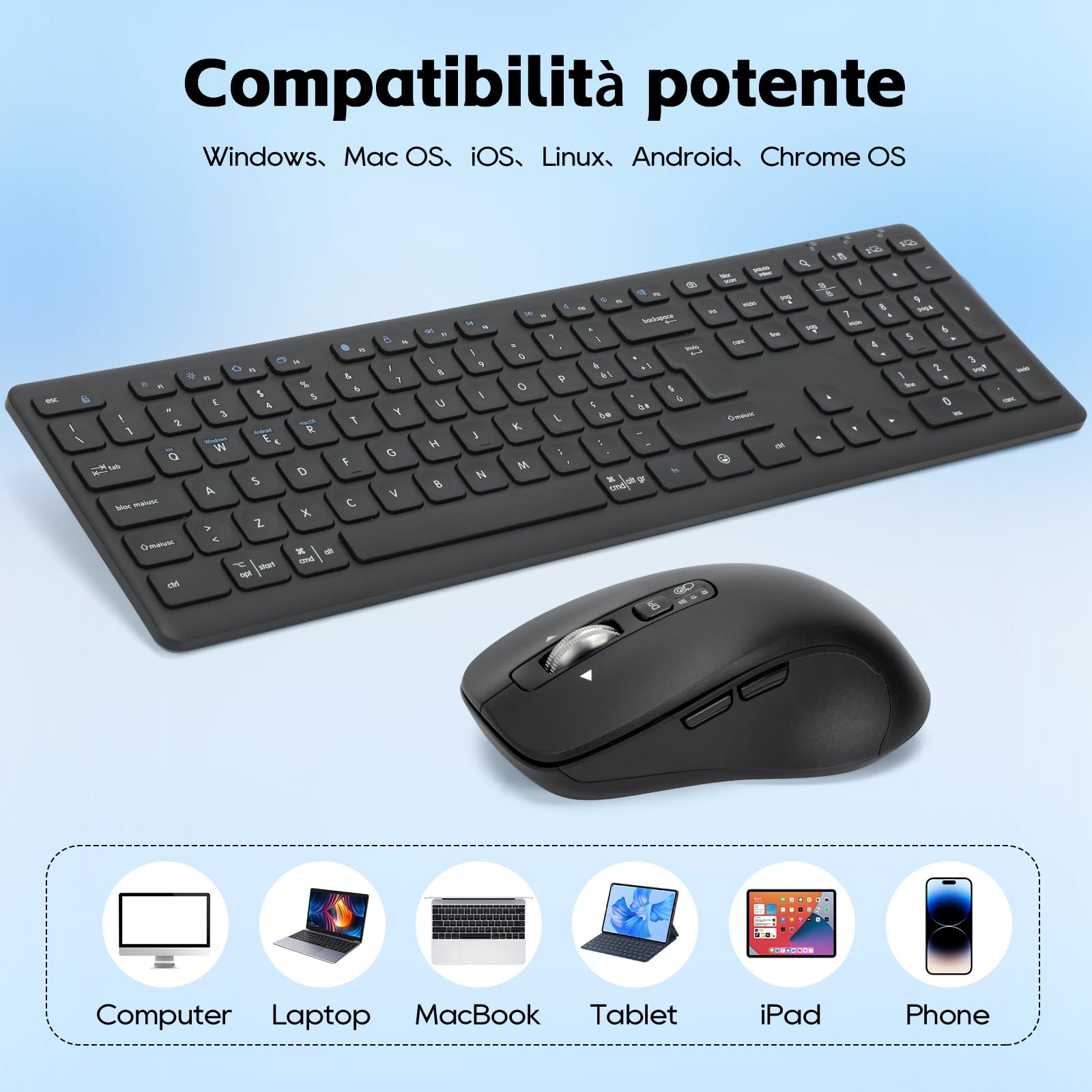 CITLLA Combinazione wireless di tastiera e mouse M9300, ricevitore USB 2-in-1 e due Bluetooth, tastiera silenziosa multi dispositivo, adatta per computer, laptop, uffici e lavoro
