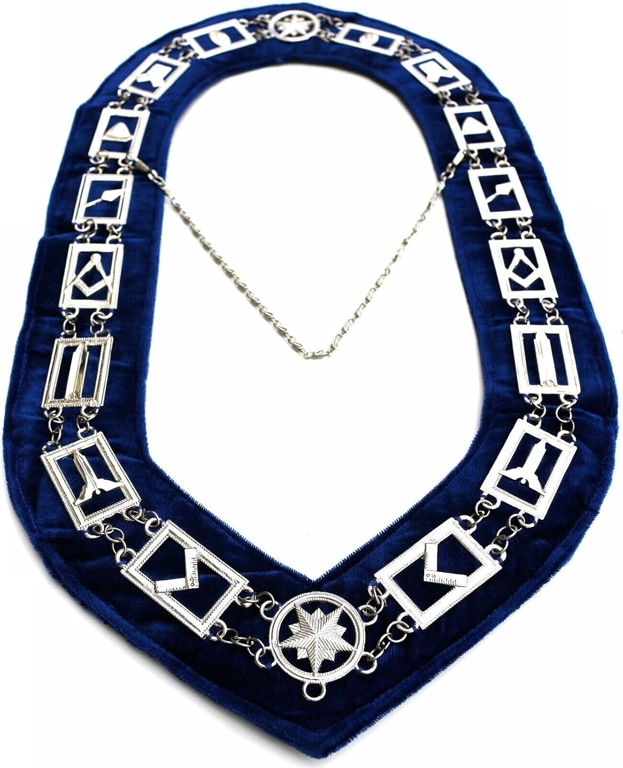 Masonic Blue Lodge Working Tools Chain Collar Silver Plated Dark Blue Velvet Backing