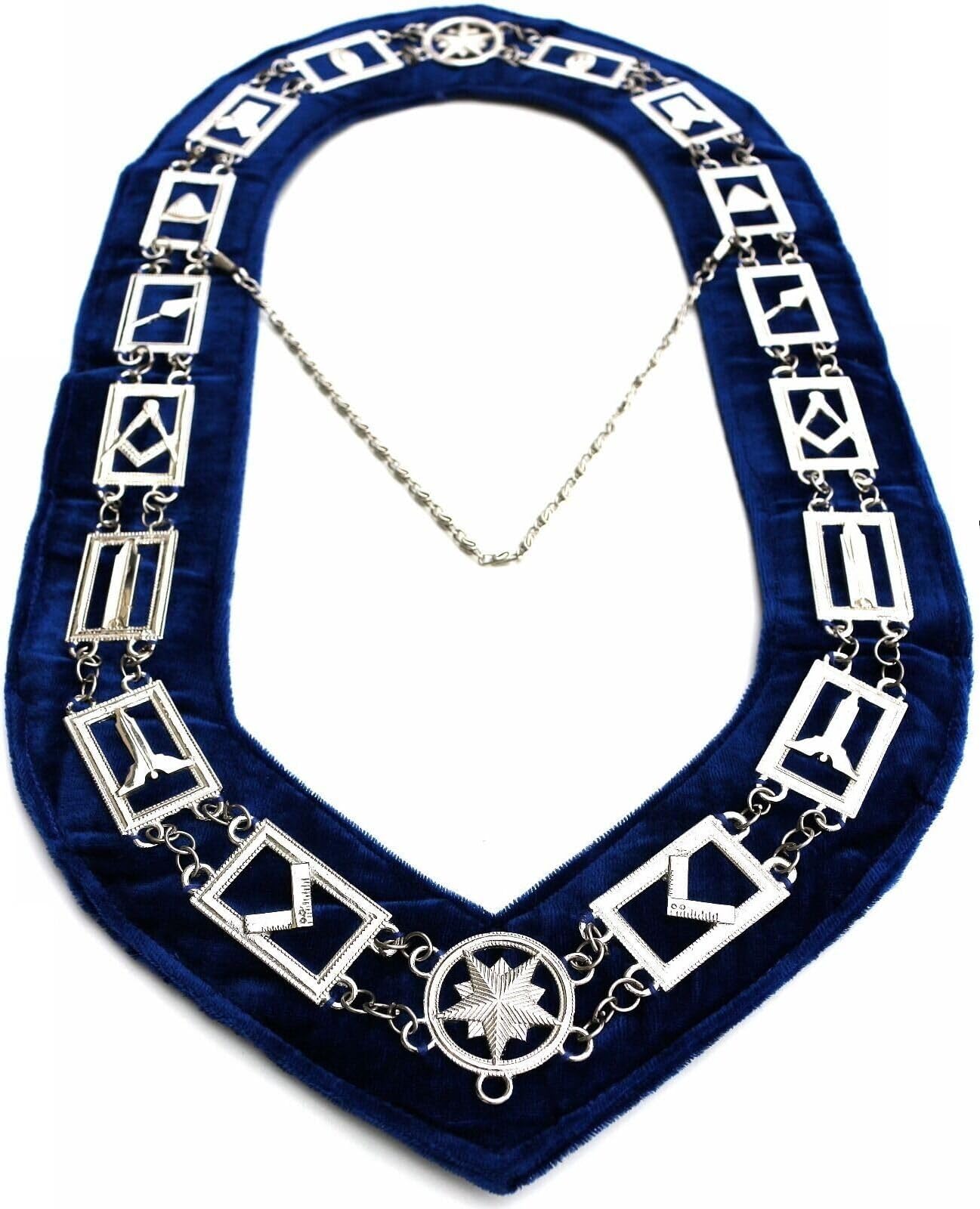 Masonic Blue Lodge Working Tools Chain Collar Silver Plated Dark Blue Velvet Backing