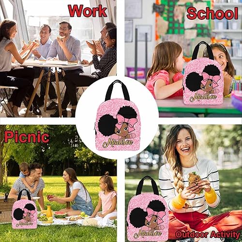 Miniatura 4 de Lonchera personalizada para niños con textura de purpurina rosa con nombre, aislada con 2 bolsillos, bonita lonchera para niños y niñas, bolsas de