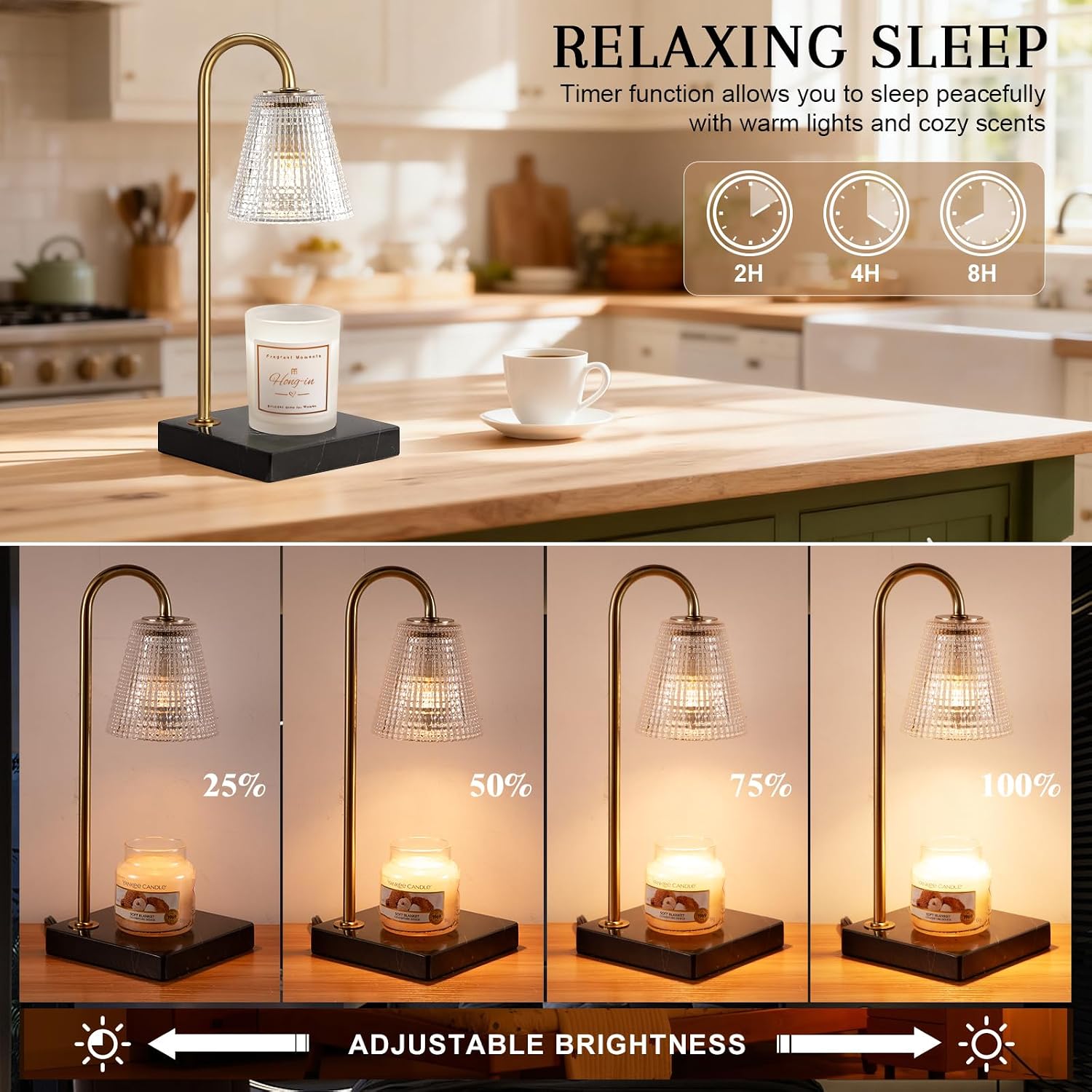 Hong-in Modern Gold Candle Warmer Lamp with Black Marble Base, Glass Shade Electric Candle Melter for Scented Candles, Stylish Home Kitchen Decor & Gift for Women thumbnail