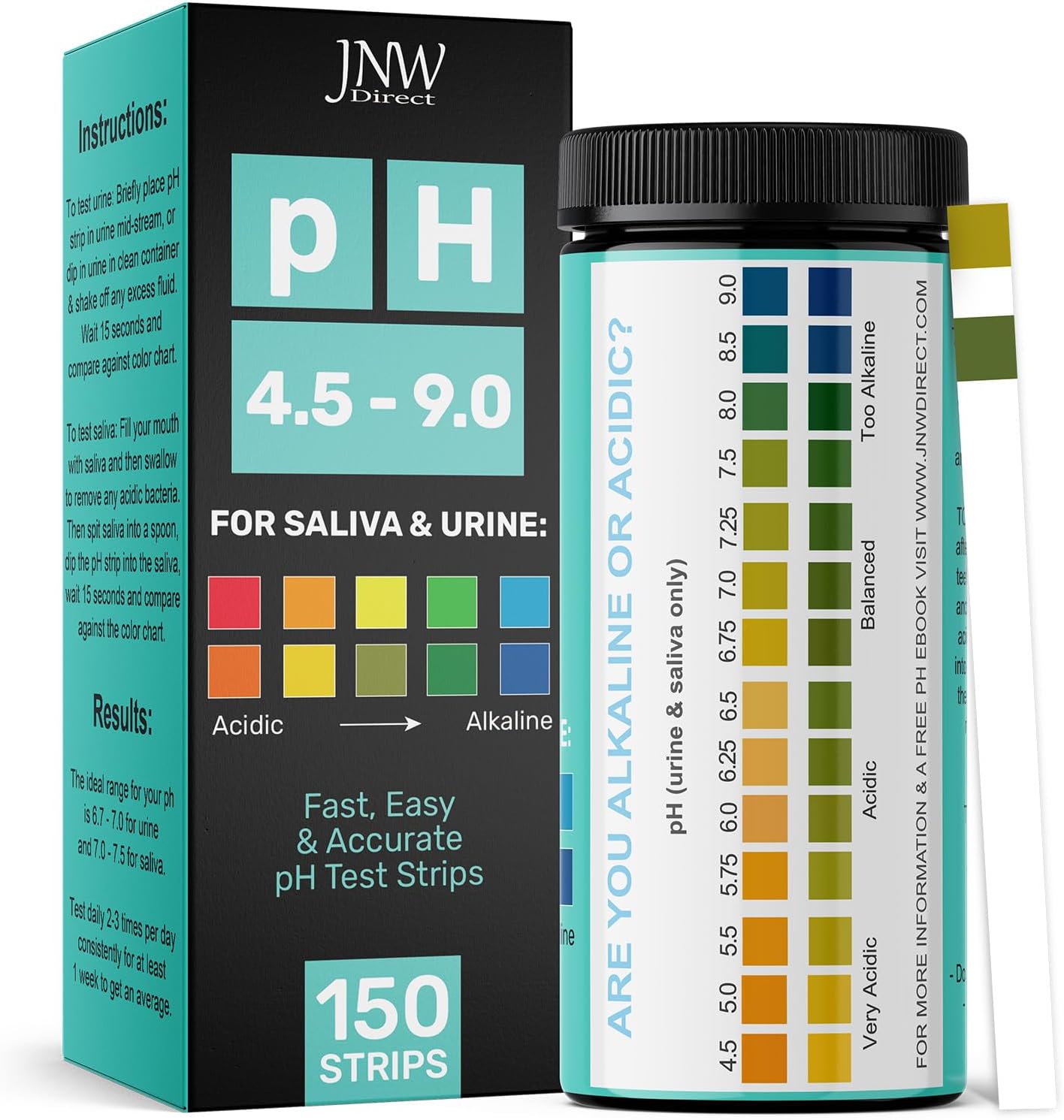 pH Test Strips for Urine and Saliva - 150 Litmus Paper pH Test Strips with Ebook, Quick & Easy pH Level Testing from 4.5-9.0, Ultimate Acidity Test Kit from JNW Direct