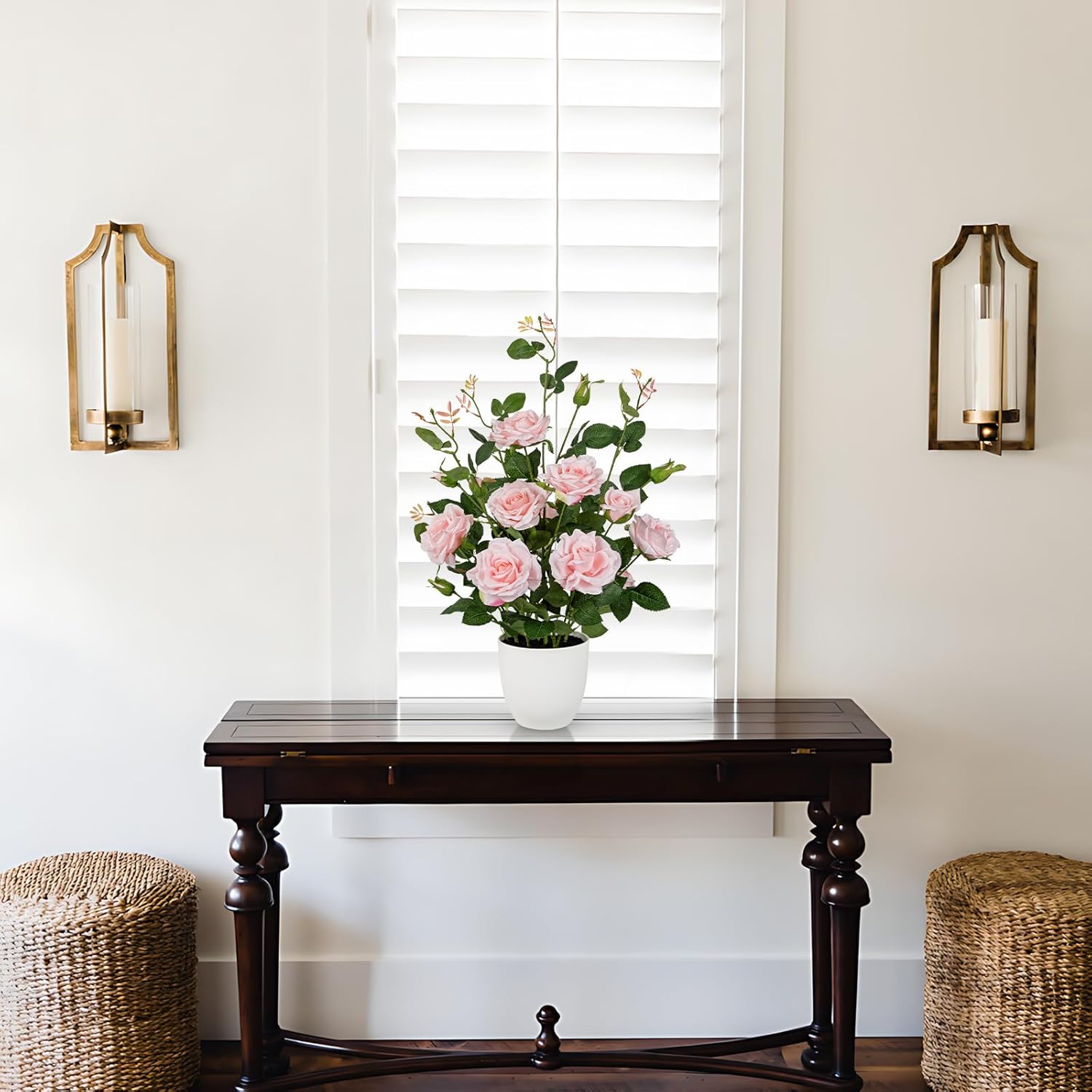 Hollyone 2 Pack Artificial Camellia Tree 2FT Pink Faux Camille Rose Tree in Pot Small Fake Rose Camellia Plants & Flowers in Vase Fake Potted Flower Plant Indoor Outdoor Front Door Porch Home Decor