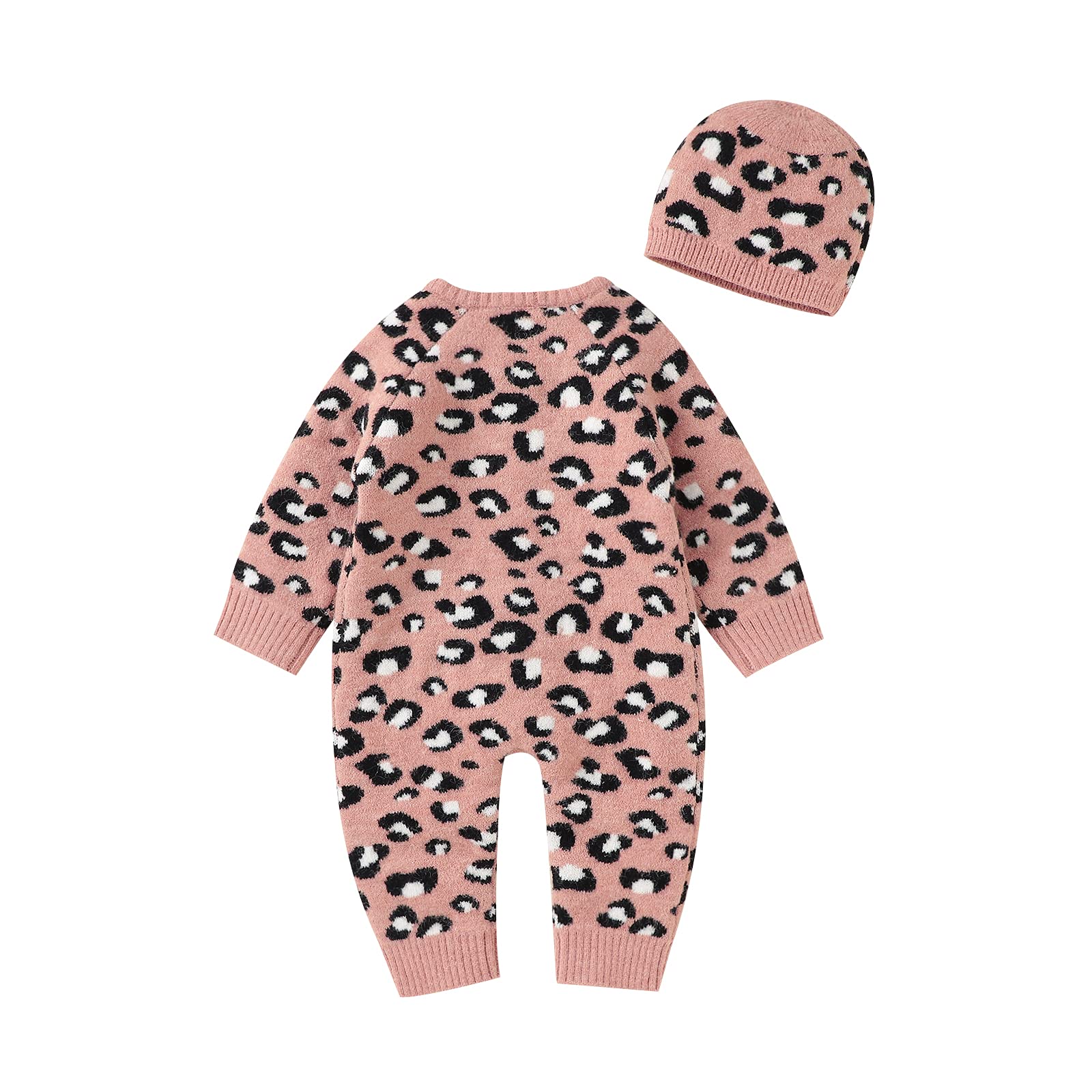 LAWKUL Baby Sweater Cable Knitted Baby Outfits Long Sleeve Warm Jumpsuits Leopard Print with Crochet Bonnet Baby Hat Girl 2pcs Sets Pink Newborn Sweater For Autumn Winter 12-18M