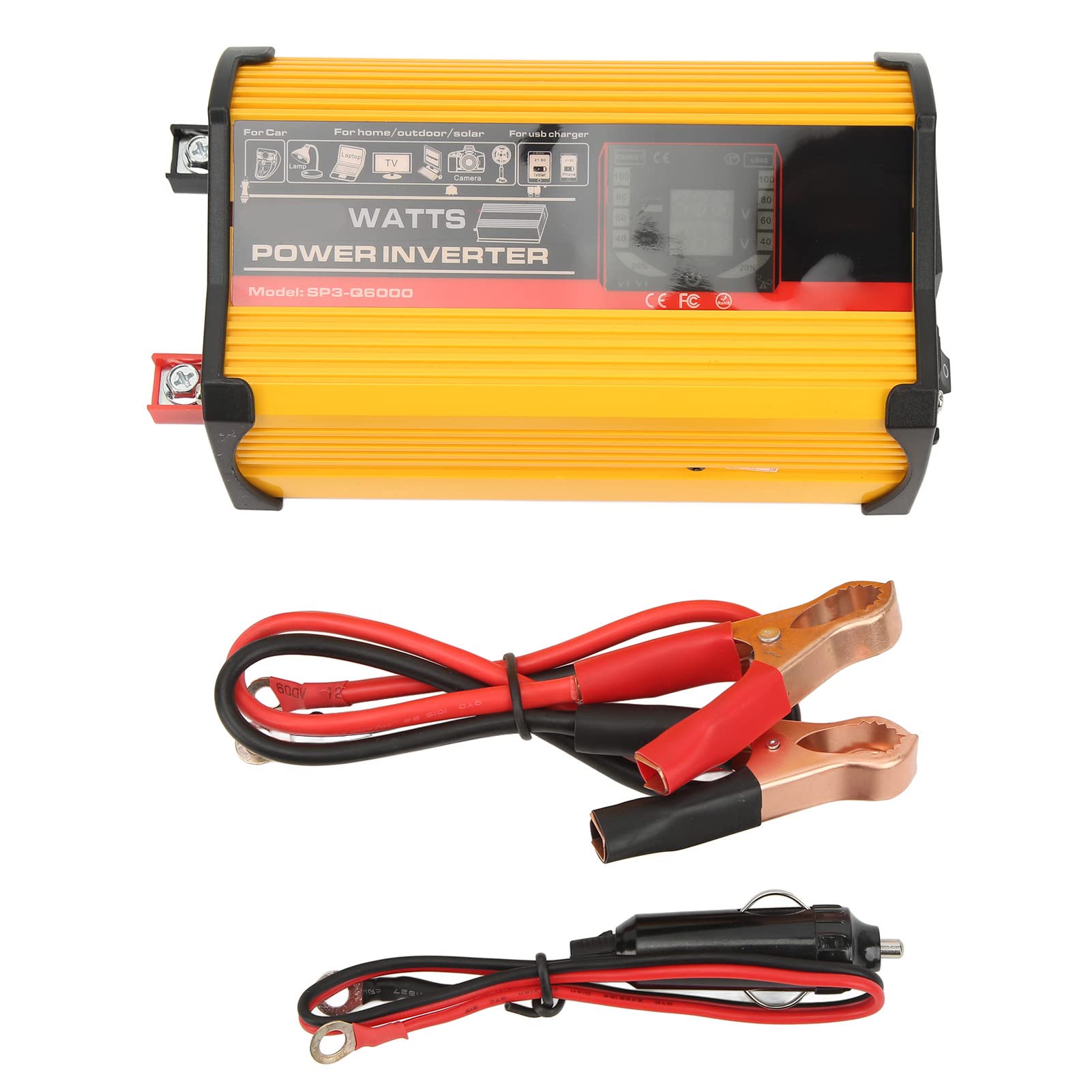 KUIDAMOS Samochodowy Falownik Wydajny Wyświetlacz LCD do Zasilania Awaryjnego Camping Travel Materiał ABS (Żółty)