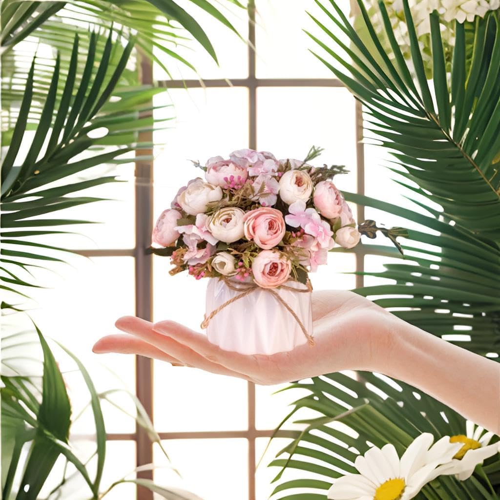 Hbluefat Fake Flowers in Vase, Small Artificial Silk Flowers with Ceramic Vase, Faux Flower Arrangement for Home Office, Coffee Dining Table Centerpiece Decor (Pink,Spring Tea Bud) - Image 3