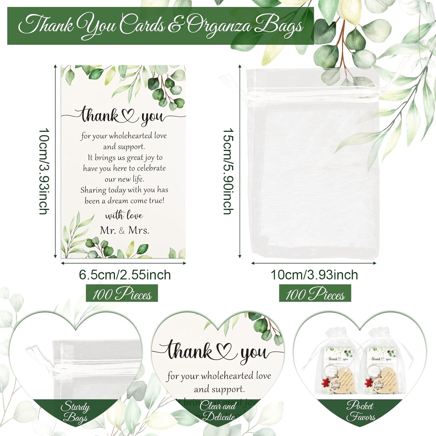 AerWo 100 Sets Wedding Favors for Guests, Wedding Party Favors with Wood Heart Puzzle Keychains Thank You Cards and Organza Bags, Rustic Weddings Gifts for Guests Souvenirs Thank You Gifts