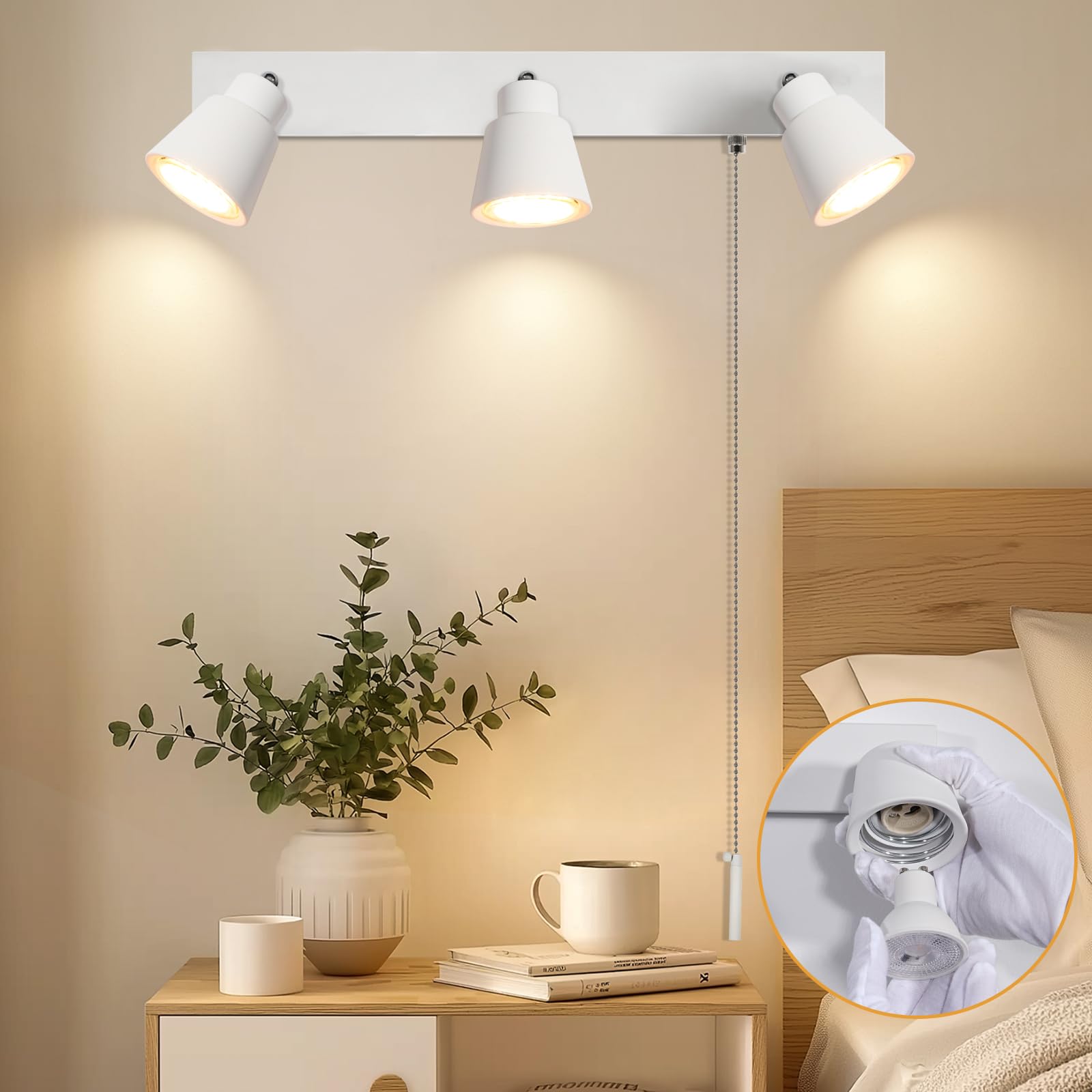TaFiCo Weiß Wandlampe mit Zugschalter 3 Flammig GU10 - Modern Wandlampe Innen mit Schalter 350° Drehbar - 50 W Wandleuchte mit Schalter für Schlafzimmer Wohnzimmer Küche Korridor - Ohne Leuchtmittel