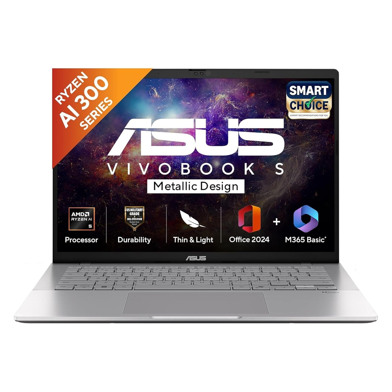 ASUS Vivobook S14, Smartchoice, AMD Ryzen AI 5 330, 16GB RAM, 512GB SSD,FHD+ 14″, Win11, Office 2024,M365 Basic (1Year),Cool Silver, 1.4Kg, M3407KA-SF2501WS, 50 TOPS, Metallic Design Copilot AI Laptop