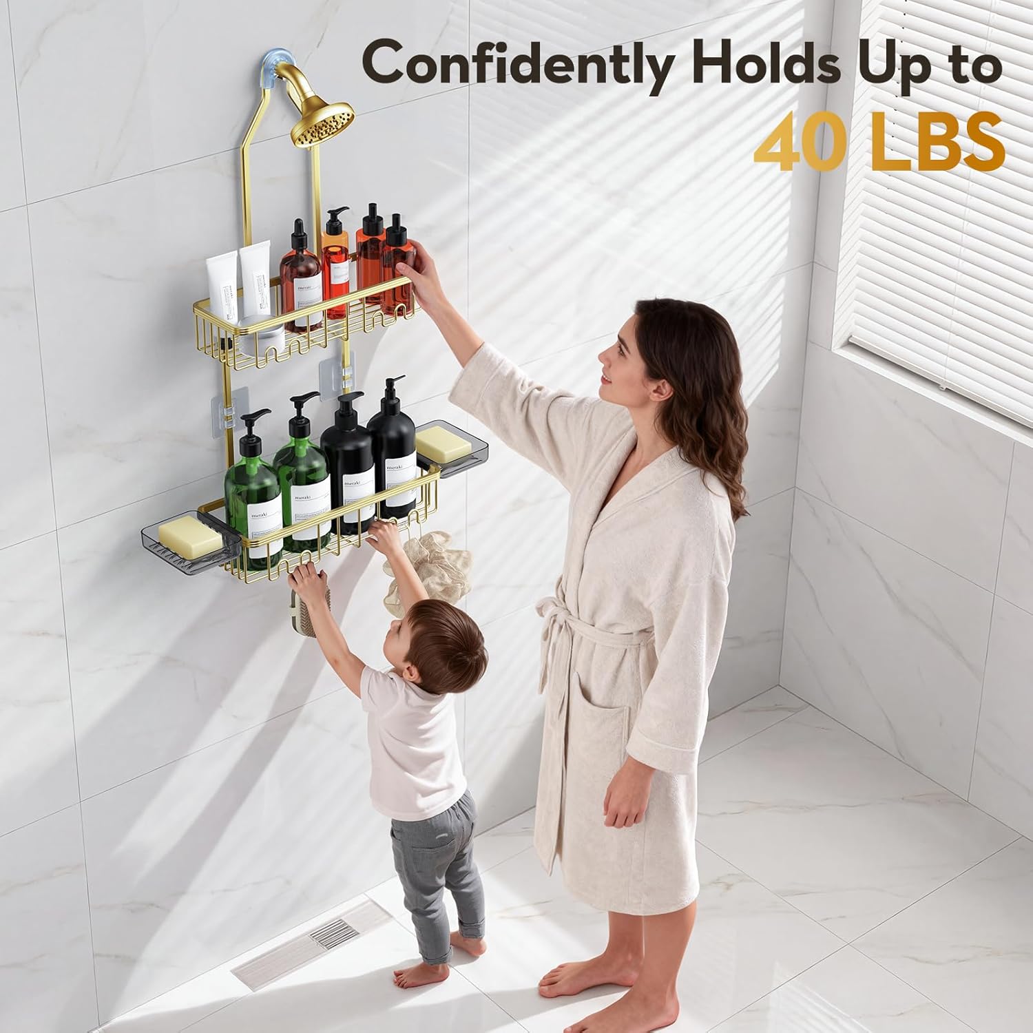 Shower Caddy Hanging, Shower Organizer Hanging, Aluminum Shower Racks for Inside Shower with Hooks for Razor, Never Rust Bathroom Organizers and Storage with Soap Holder, Gold