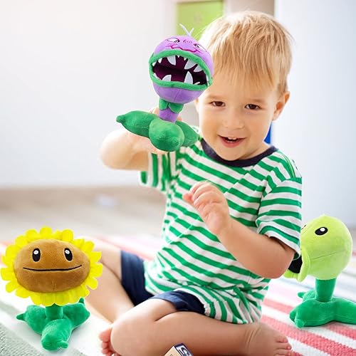 Miniatura 7 de Maikerry Juguete de peluche de 3 piezas de plantas y zombies vs peluche, figura de PVZ de 8 pulgadas de alto para niños, gran regalo para niños y