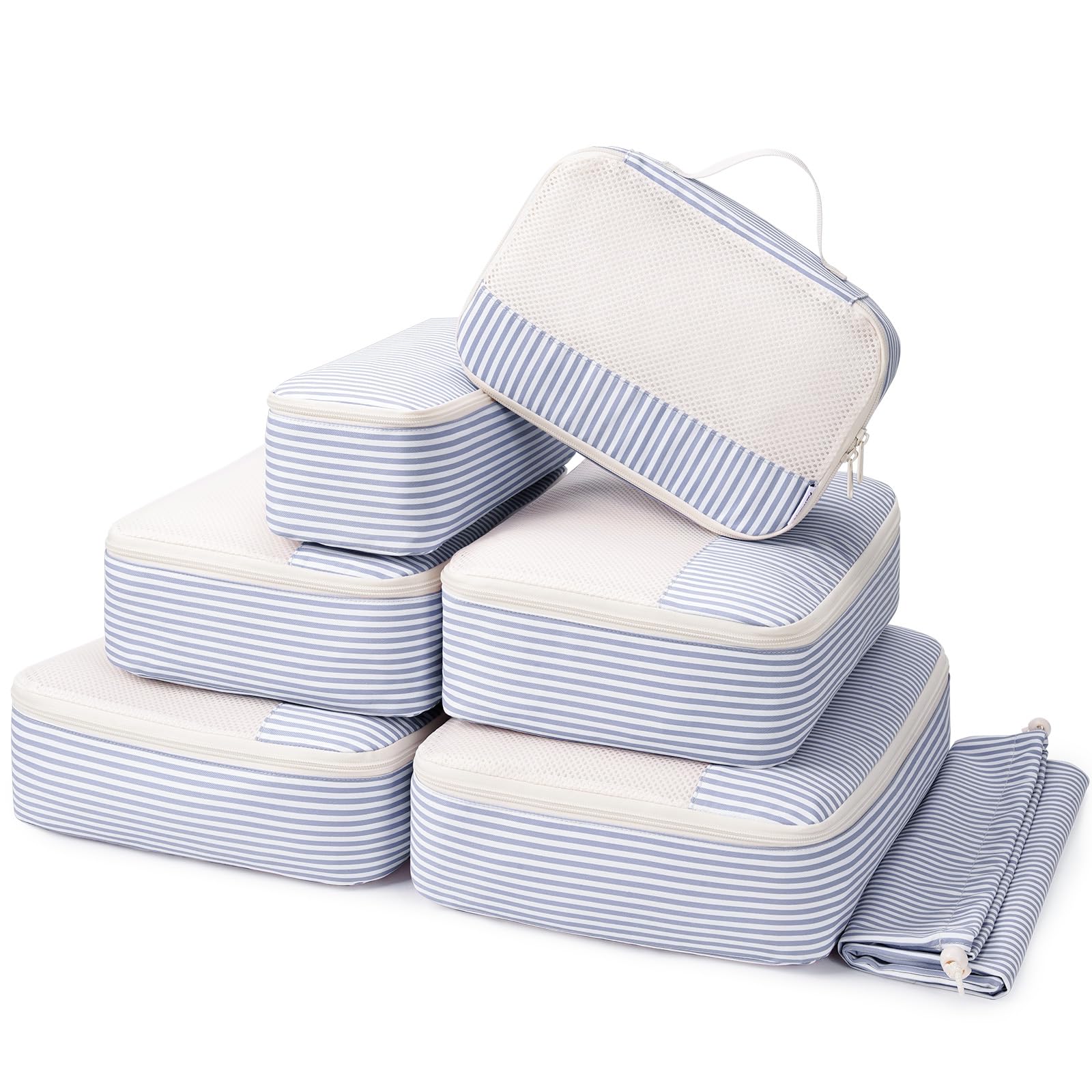 Narwey Organizer Valigia 7 Pezzi Set Packing Cubes, Organizer Valigia Viaggio Salvaspazio, Viaggio Accessori Utili per Vestiti Scarpe Deposito Classificato per Viaggiare (Strisce Blu Grigiastro)
