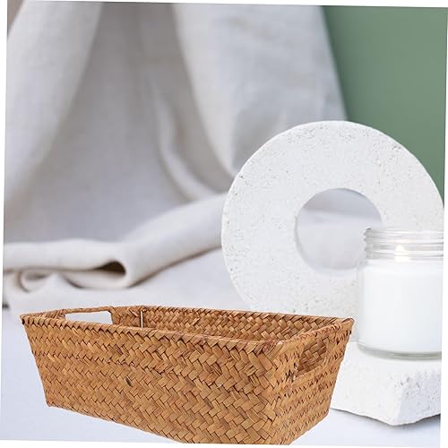Miniatura 8 de Angoily Cesta de almacenamiento tejida a mano de hierba marina, organizador rectangular para escritorio, cesta portátil de hierba marina, asa