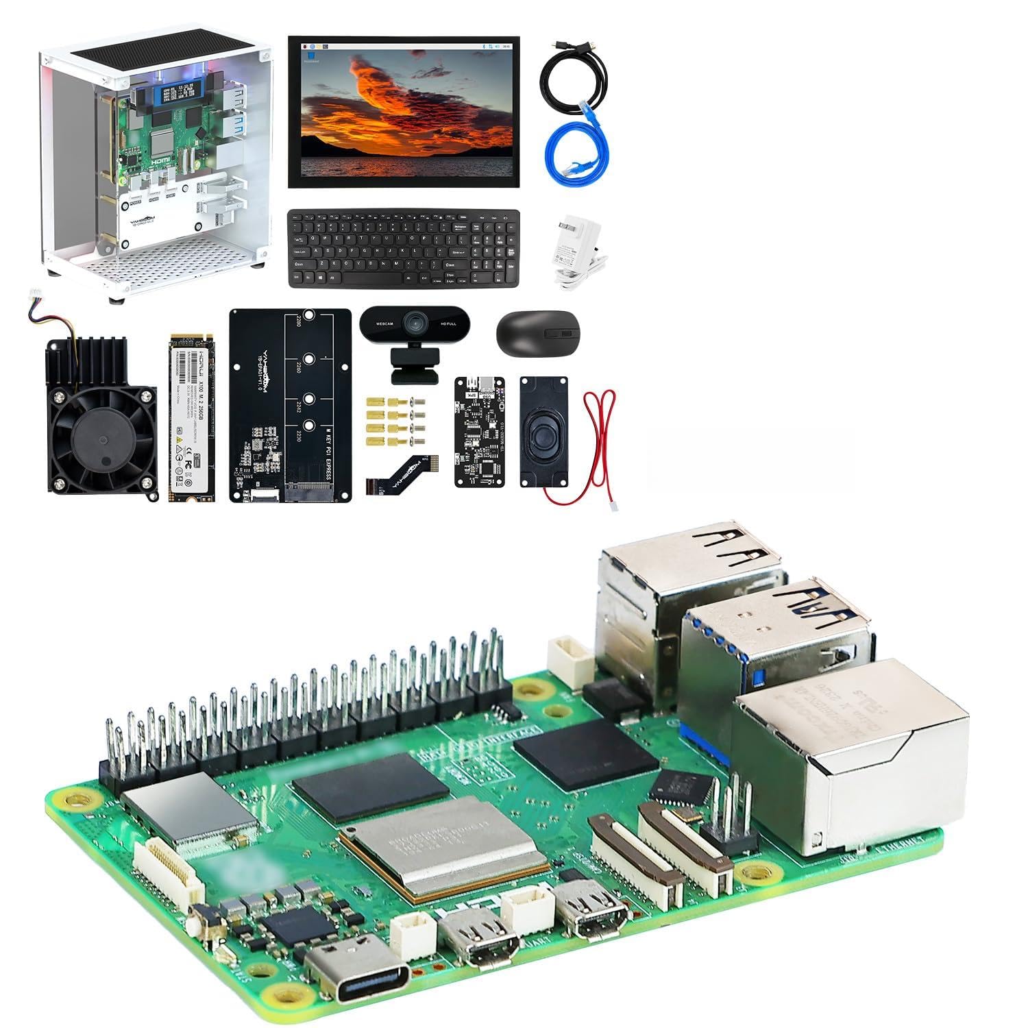 Yahboom Pi 5 2GB Starter Kit with 270° Panoramic Case,10-inch Display,PCIE Expansion Board,Keyboard and Mouse 27W 5.1V/5A Power Adapter (Pi5 2GB, Ultimate Kit)