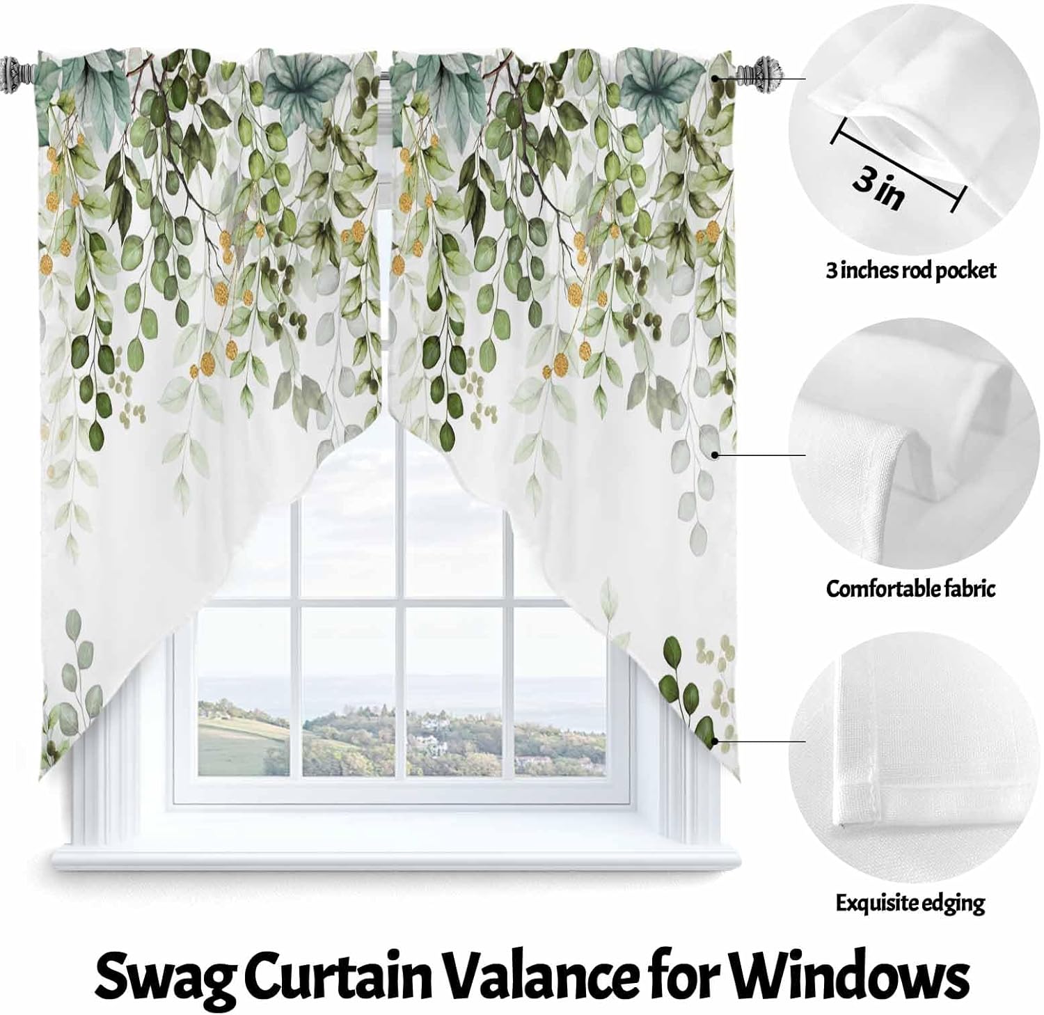 BEMIGO Swag Valances for Windows, Elegant Spring Leaf Plant Rod Pocket Kitchen Window Curtains Over Sink, Green Gold Window Curtain Panel Swag Curtains Valences, 36 Inches Length