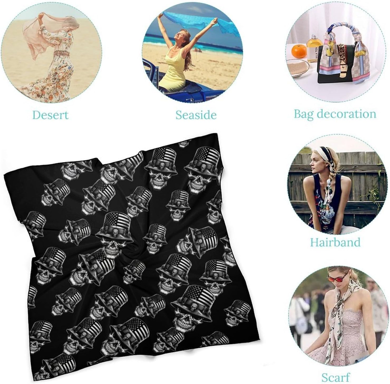 USA-Soldiers-Skull Silk-Like Square Scarf for Women Vintage Printed Neck Scarf Bandanas Hair Scarves