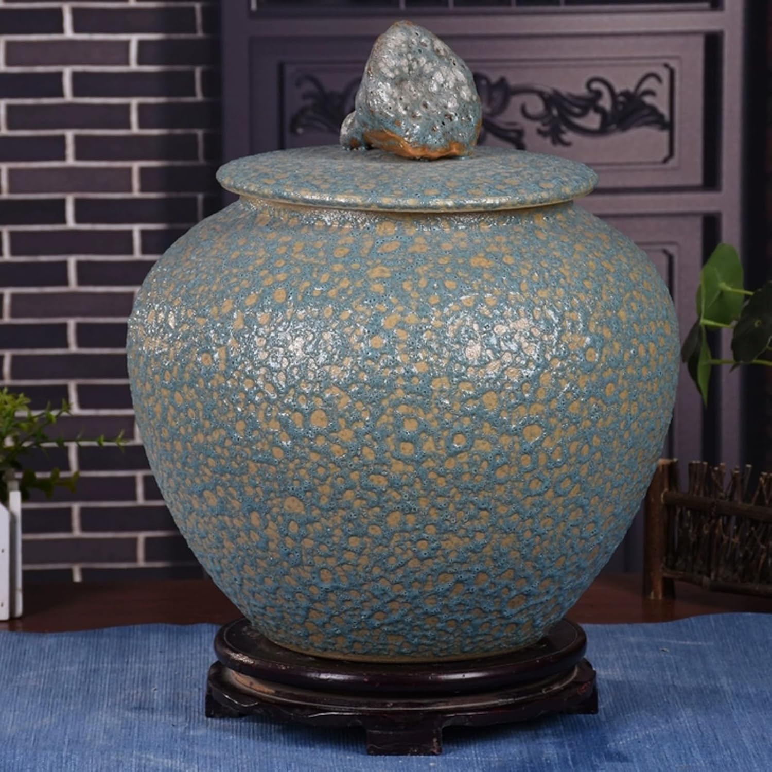 JKGHK Ceramic Rice Bucket, Rice Storage Container with Lotus Handle, Food Storage Ceramic Jar with Lid, Storage Containe for Kitchen Organization and Pantry Store(Green,15kg)