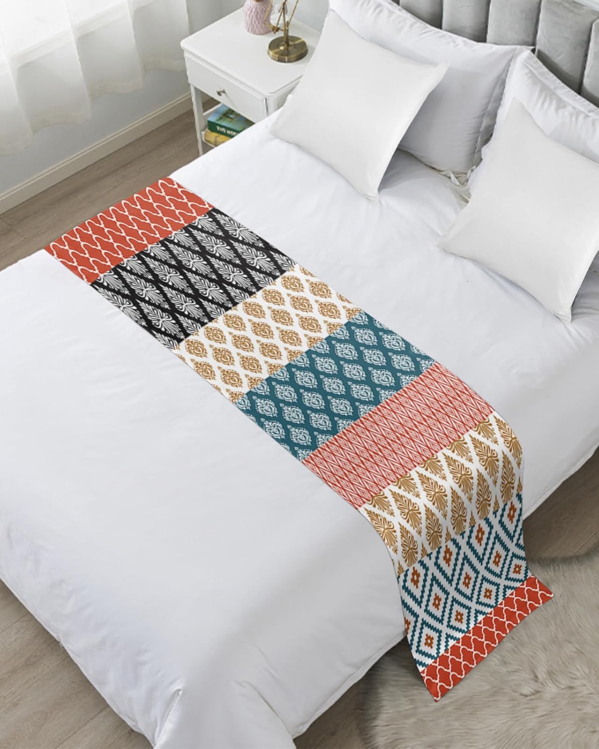 Bed Runner Boho Ethnic Satin Texture Bedroom Bedding Scarves for King Size Bed, 102x20In Bed Runners Scarf for Hotel Guestroom Wedding Room Decortions Ethnic Damask Flower Bohemian