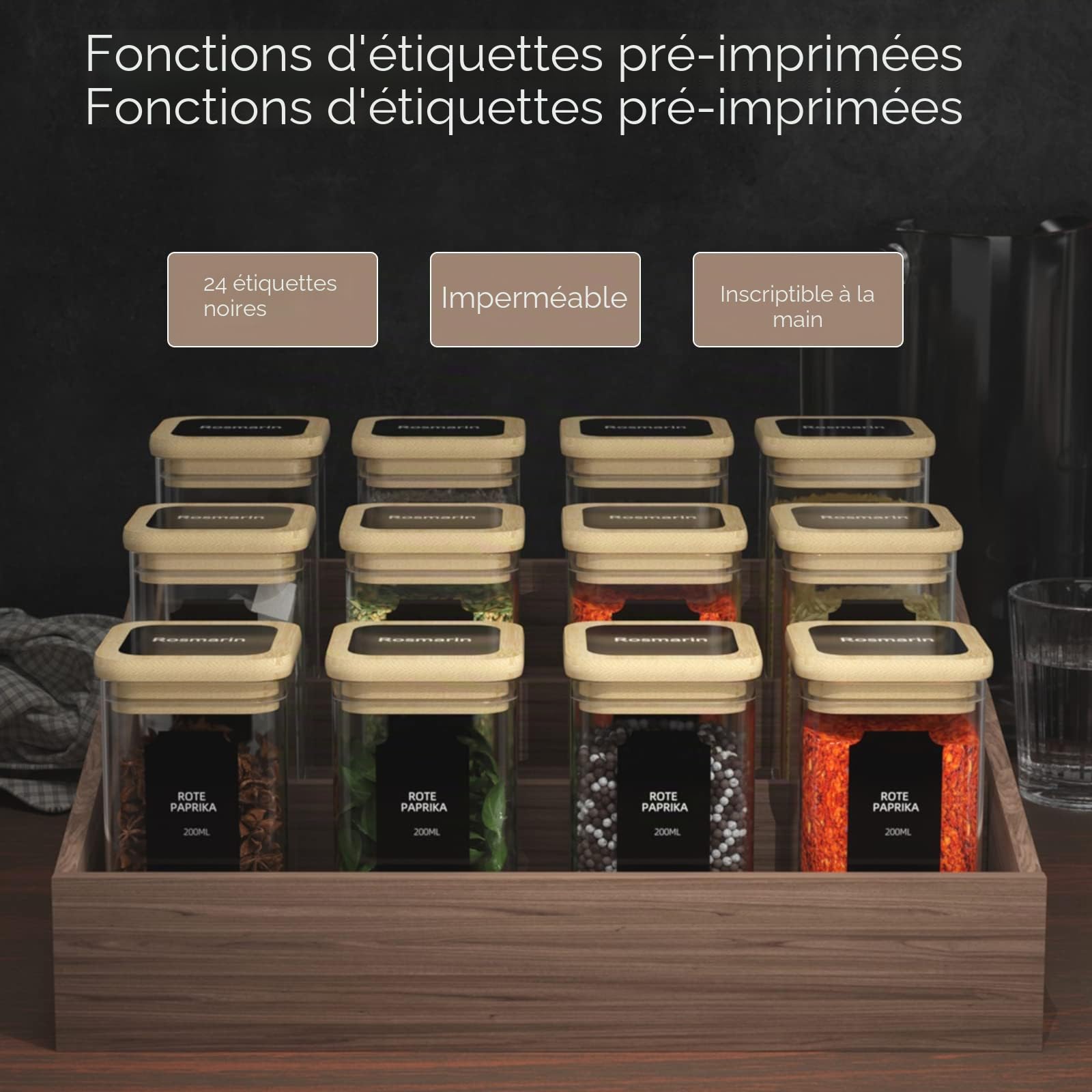 Finew Set de pots à épices carrés -12x200ml, bocal epices verre avec couvercle en bambou, bocaux de stockage en verre hermétiques avec étiquettes et marqueurs, bocaux pour conserver les épices herbes