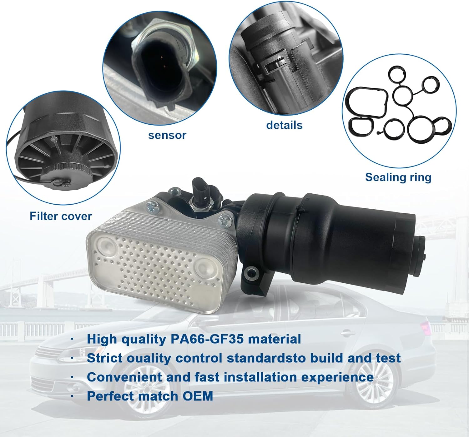 Engine Oil Filter Housing assembly with oil pressure sensor Compatible with 2012-2013 Audi TTRS Mk2,2005-2014 VW 2.5L Jetta Golf Rabbit New Beetle Replaces 07K115397B, 07K115397D