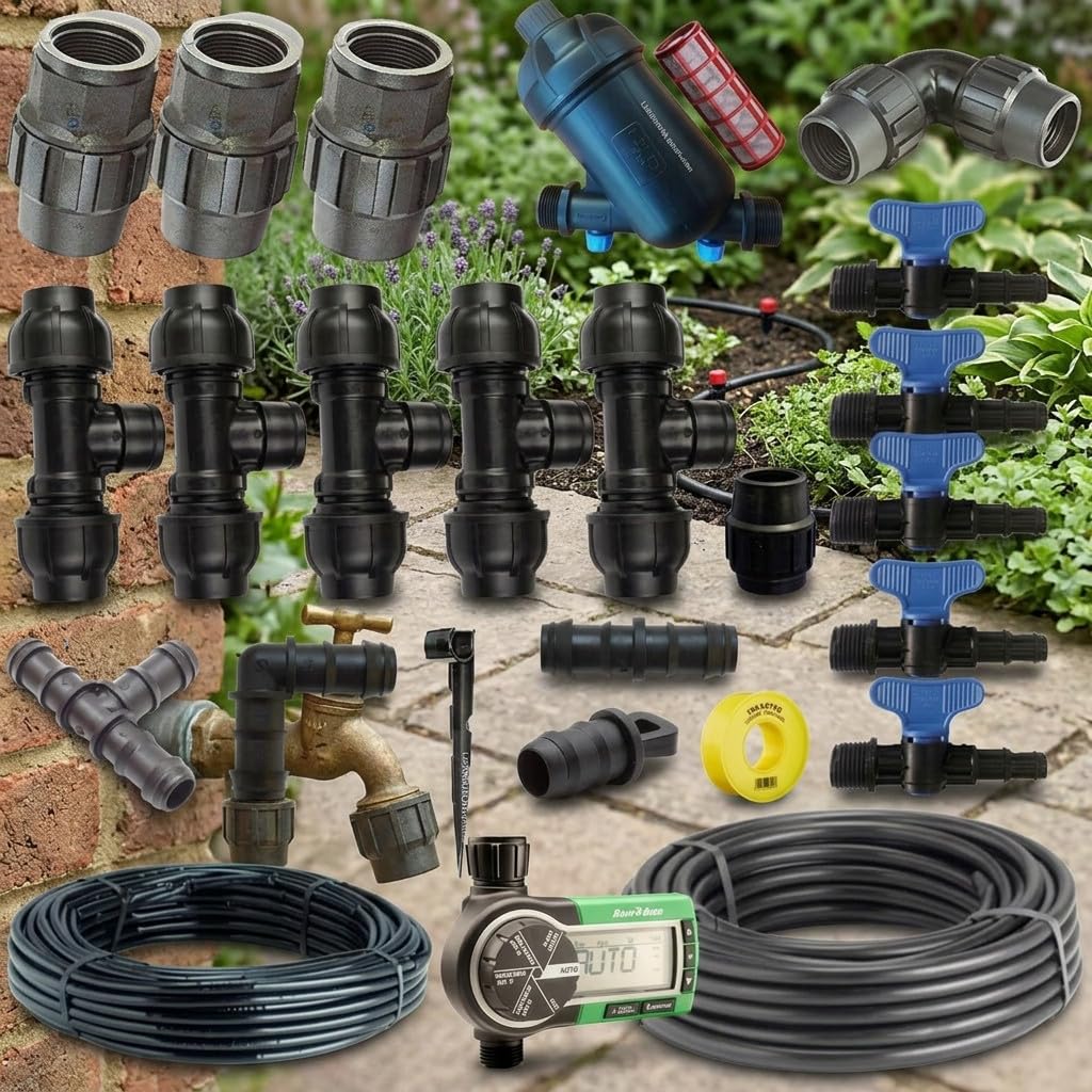 Suinga Pack Riego por Goteo para Jardin hasta 100 m² | Incluye Tuberia y Accesorios de Instalacion | Conexion a Grifo | Sistema Eficiente de Riego para Ahorro de Agua y Facil Uso en Jardin