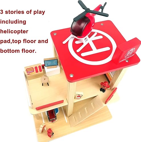 Miniatura 5 de Juego de estación de bomberos de madera, casa de muñecas multicolor de 3 niveles con figuras, camión, helicóptero y accesorios, juguetes educativos