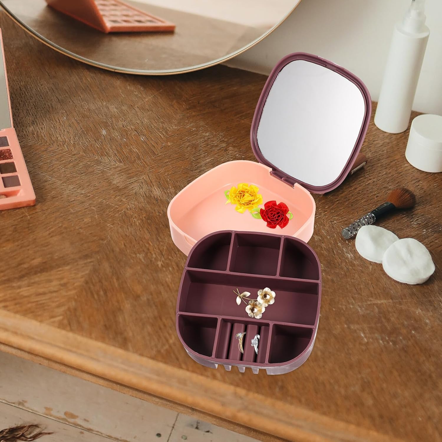 MAGICLULU Travel Jewelry Box with Mirror Necklace and Ring Organizer Pink Purple Compact Jewelry Storage Case for Bracelets and Earrings for Women image 5