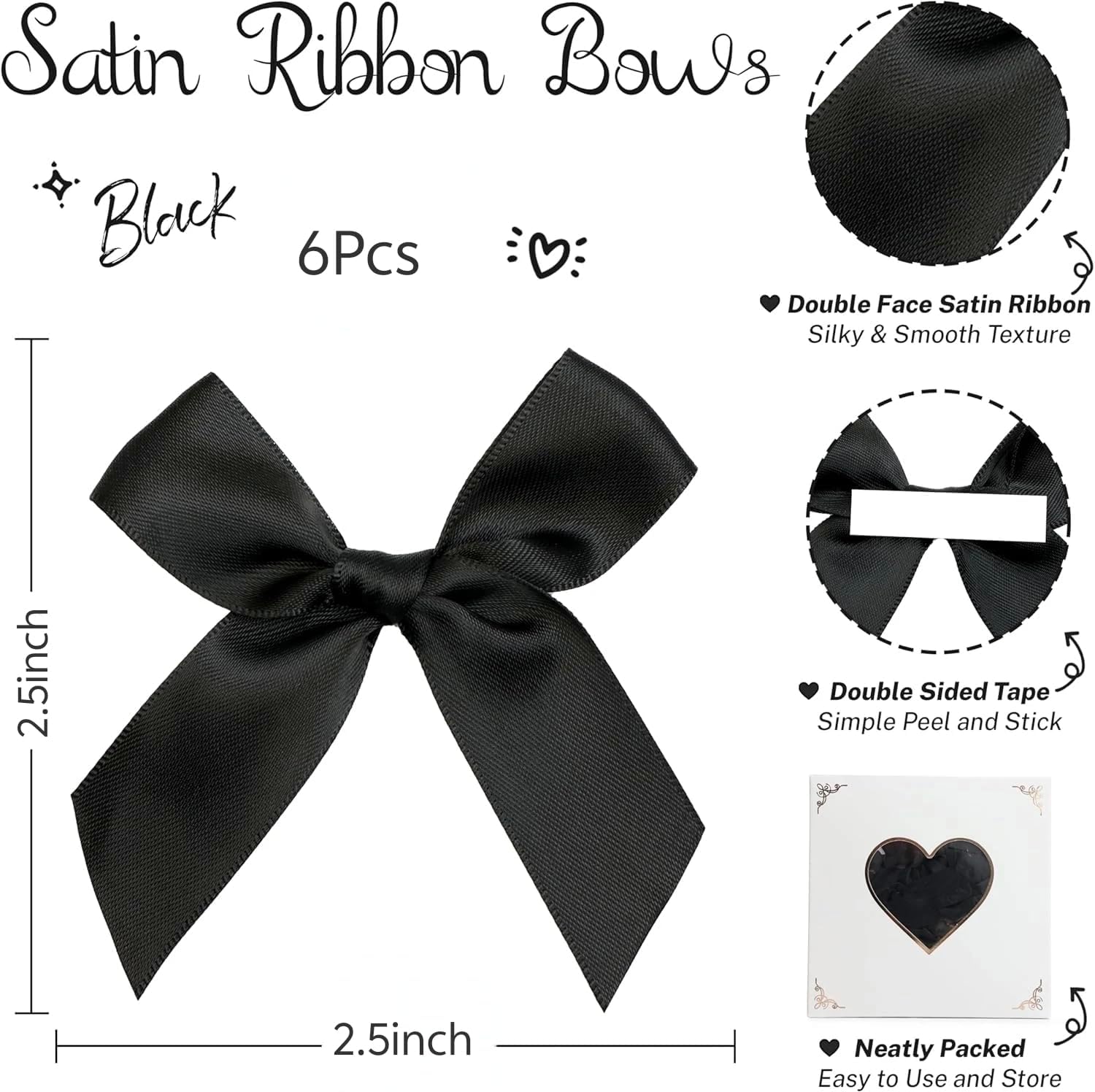 6Pcs Black 2.5" Self-Adhesive Gift Wrap Bows, Soft Non-Faded Satin Ribbon Bow, Premade Craft Bowknot for Christams Wedding Birthday Party Bridal Decorations