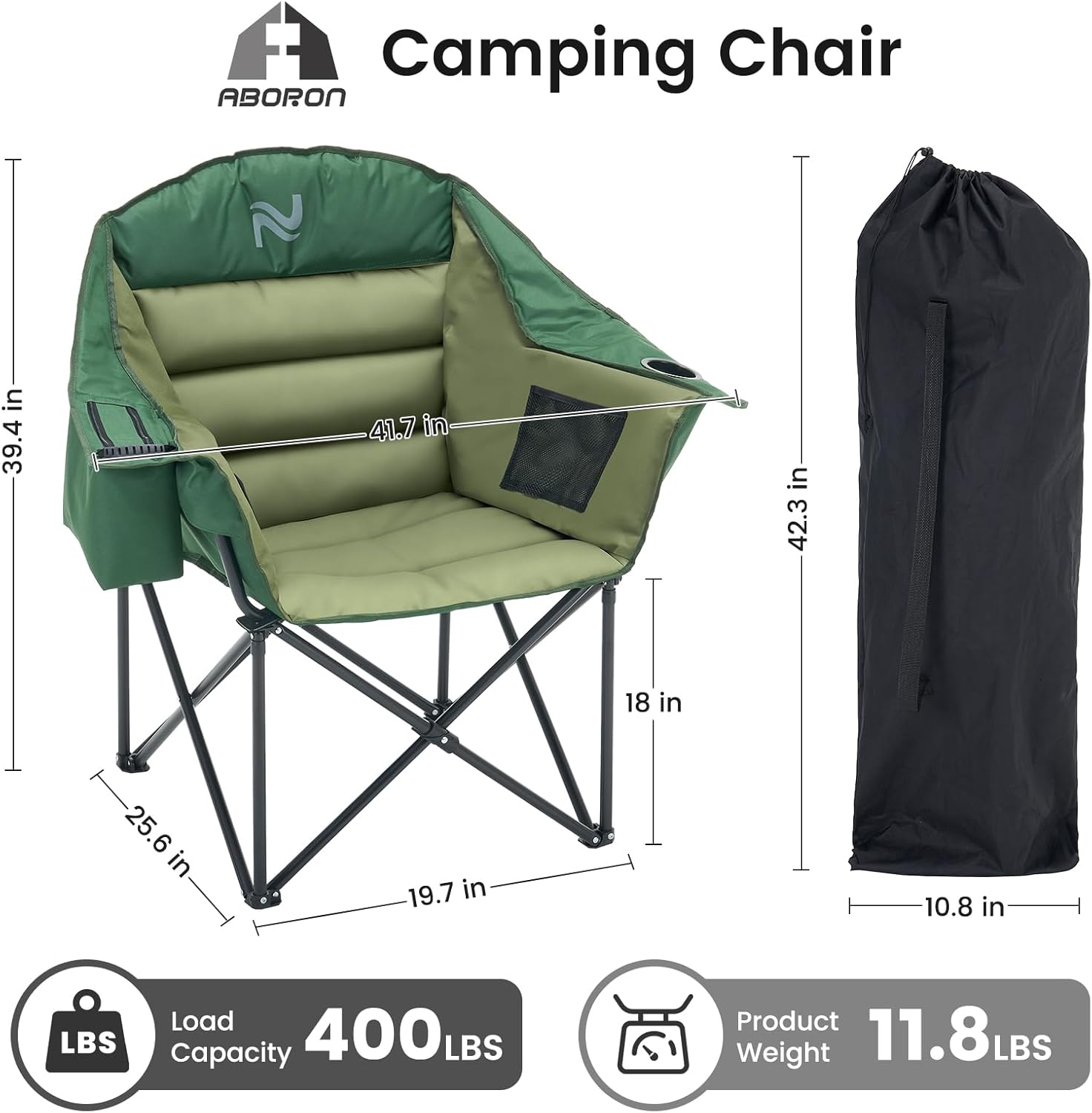 ABORON Oversized Camping Chair, Portable Folding Chair with Cooler Bag & Cup Holder, Heavy Duty Lawn Chair for Camping, Patio, Backyard, Supports 400 lbs