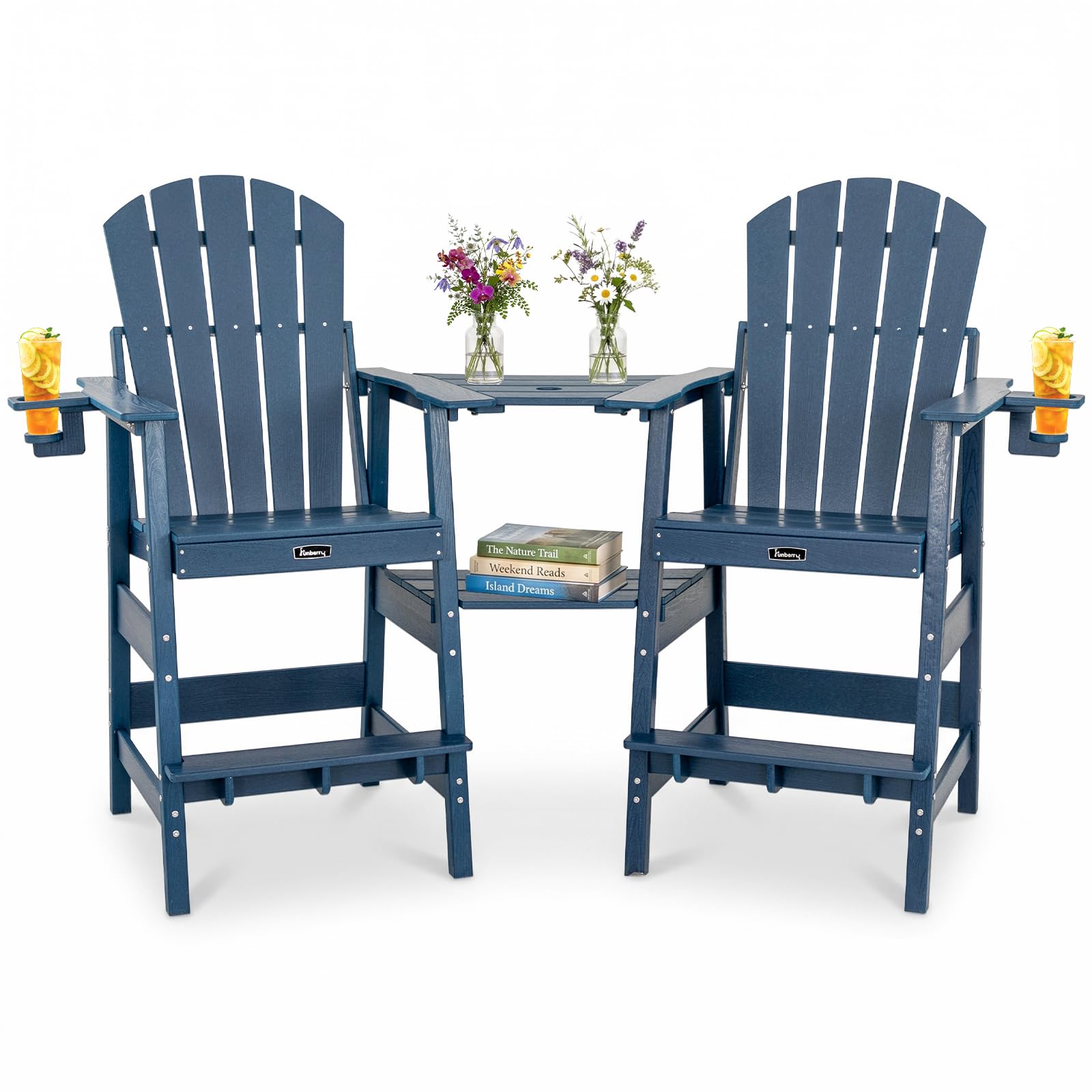 FUNBERRY Tall Adirondack Chair Set of 2 with Tables, High Top Balcony Chair