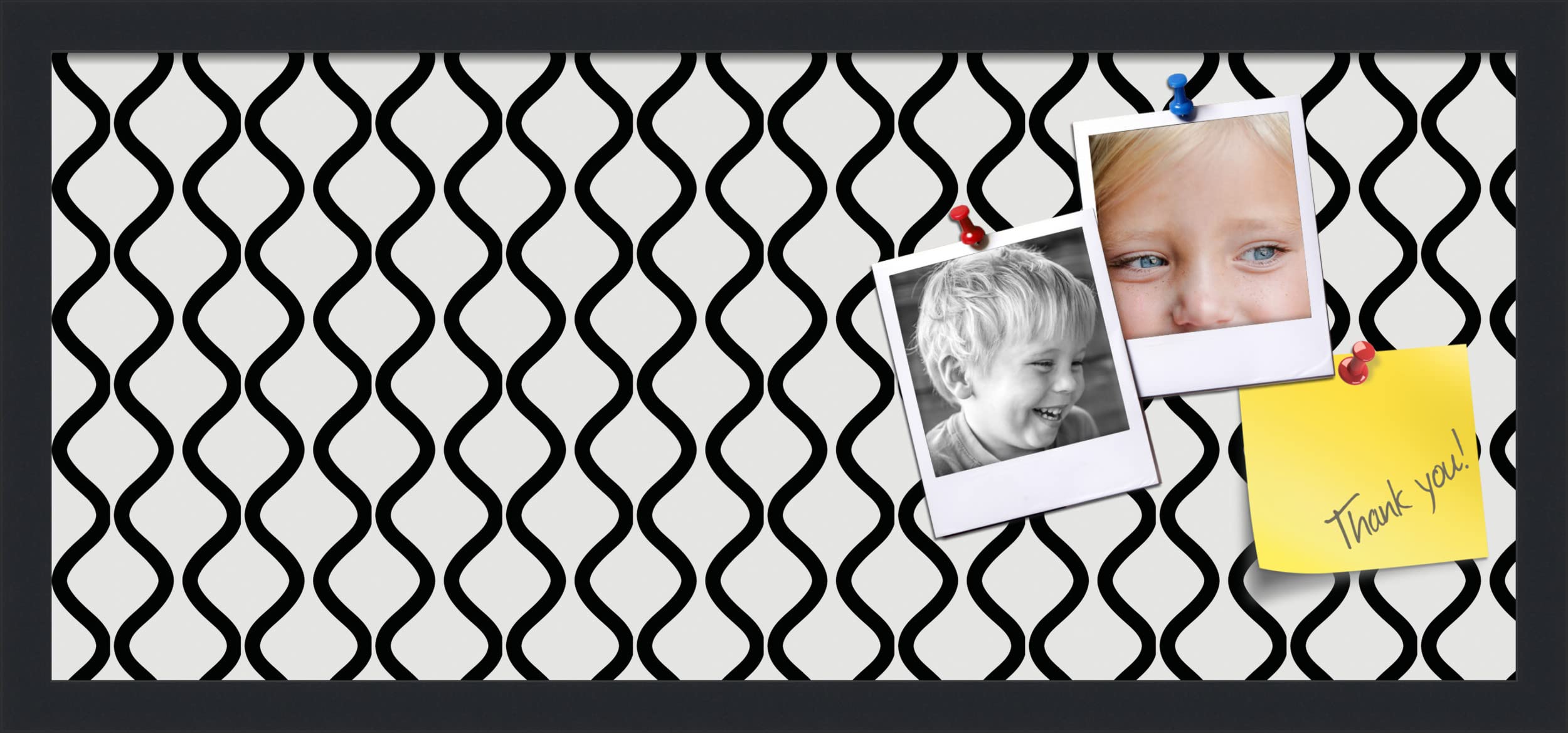 PinPix 28x12 Inch Cork Bulletin Board. This Decorative Framed Pin Board Comes with Black and White Waves Design and a Satin Black Frame. Ideal for