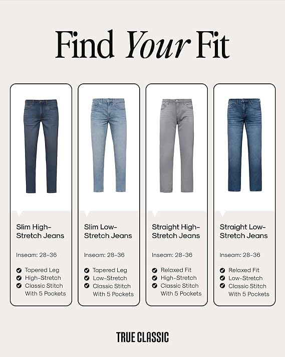 True Classic Stretch Jeans for Men, Slim and Straight Fit Men's Stretch Jean