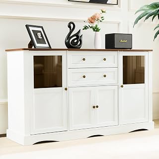 55" Modern Buffet Cabinet with Window & Wave Base, 4-Door 2-Drawer Farmhouse Storage Sideboard, Wood Coffee Bar Table for Dining Room, Kitchen, White