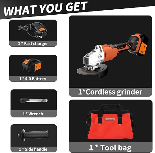 Miniatura 6 de KAFUWELL Amoladora angular inalámbrica de 4-12 pulgadas a 5 pulgadas, amoladoras angulares de potencia de 20 V con batería de 4.0 amperios y