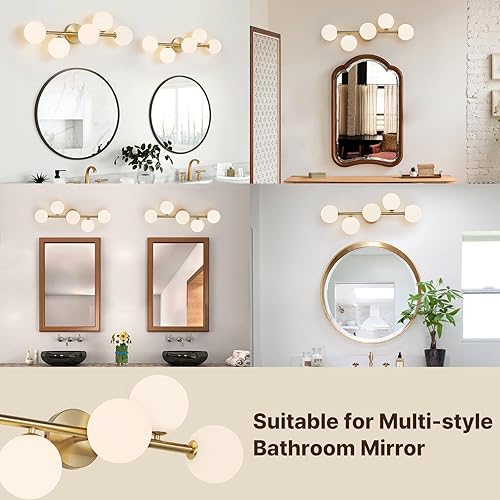 Miniatura 6 de Lámpara de baño, luz dorada cepillada sobre espejo con pantallas de vidrio blanco leche, apliques de pared LED regulables para pasillo, entrada,