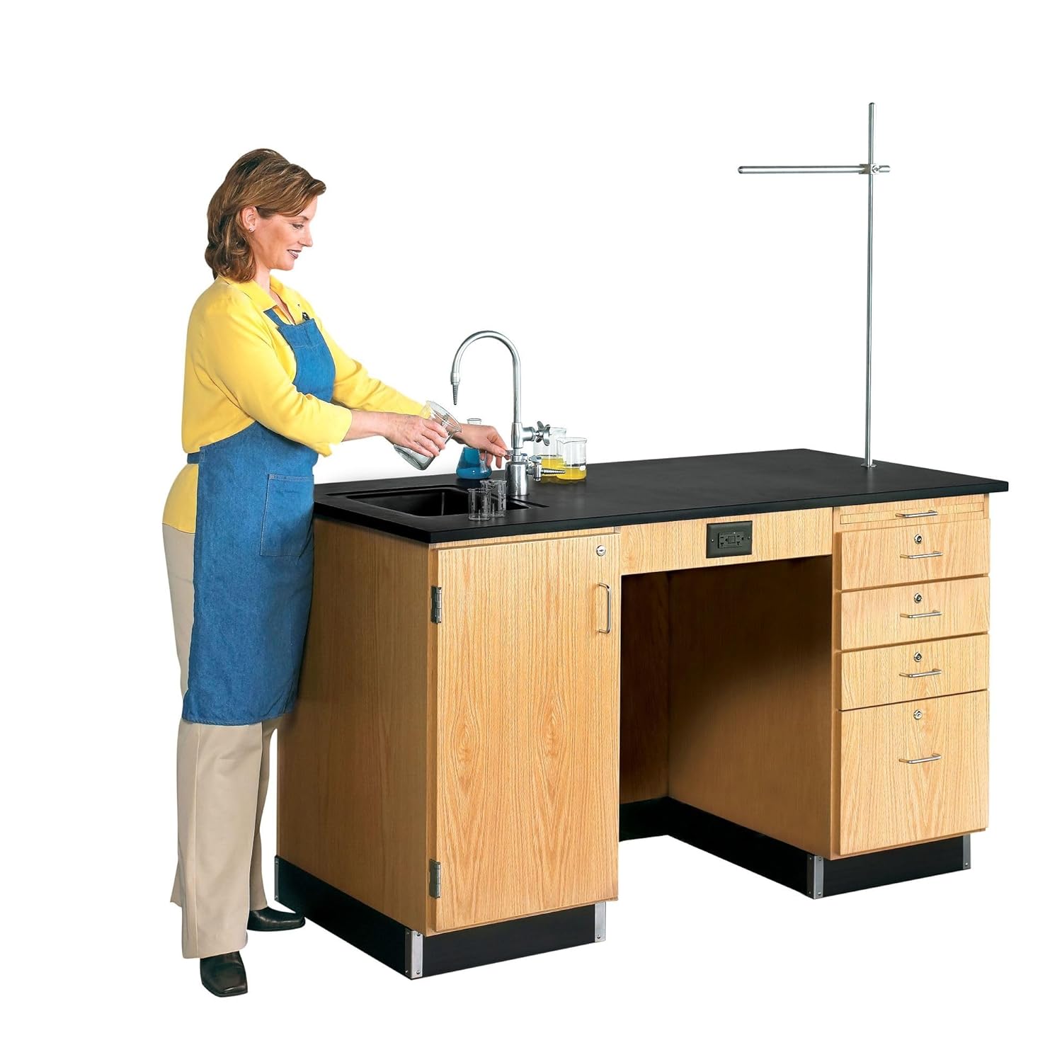 Diversified Spaces Classroom 5' Instructor's Science Desk, 60"W x 30"D x 36"H, Solid Oak Base, Epoxy Resin Top, Greenlaw Arm, Sink, Cabinet. 4 Drawers, Made in the USA