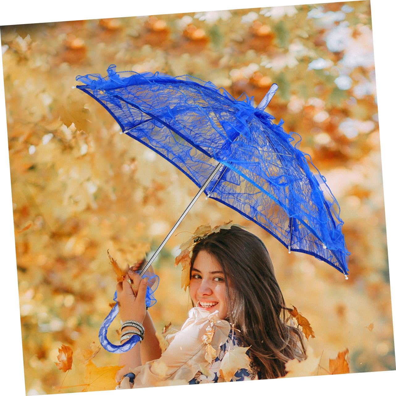 Parapluie en Dentelle Bleu pour Garçon et Filles, Lot de 2 | Design Dentelle Élégant, Tissu, Plastique et Métal, Adapté aux Événements et Tea Parties