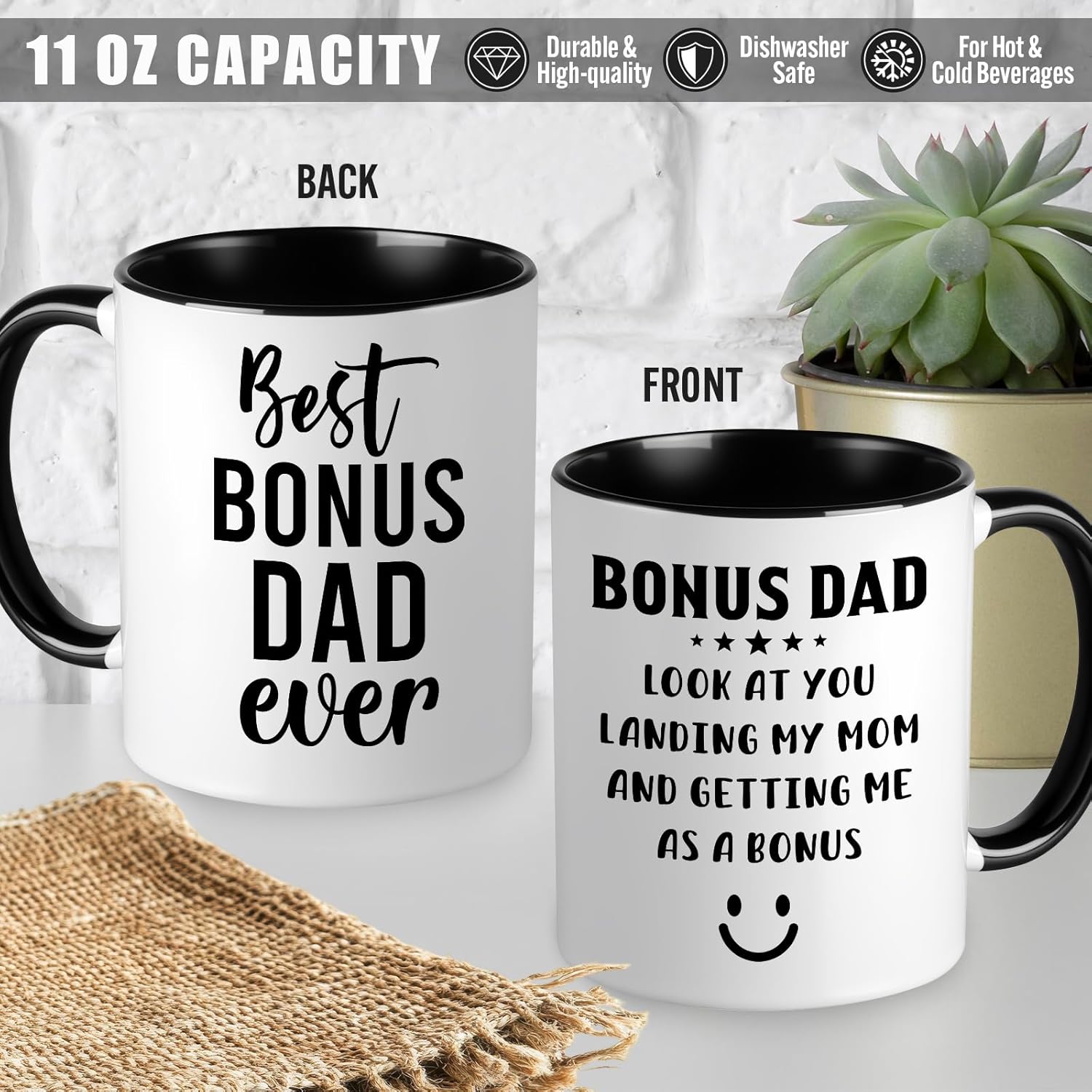 11 PCS Step Dad Gift with 11 Oz Ceramic Cup, Acrylic Desk Plaque Sign, Hat, Socks, Tape Measure, Christmas Gifts, Bonus Dad Gifts, Birthday, Father's Day Gift from Stepchild