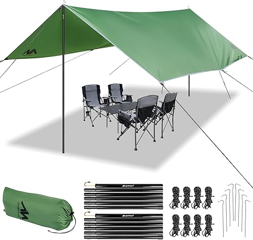 AYAMAYA Lona de camping con postes resistente, 10 x 15 pies, toldo de lona impermeable extra grande, hamaca para lluvia, refugio solar para