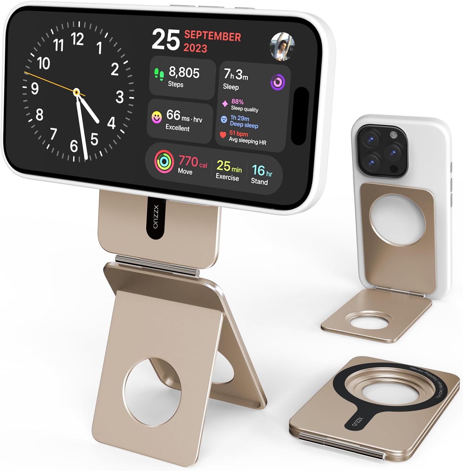 Cell Phone Stand, Fully Adjustable Height and Angle Foldable Phone Stand for Desk, Aluminum Phone Holder,Strong Magnetic Phone Stand Compatible with iPhone 16/15/14/13/12 Series (Desert Gold)