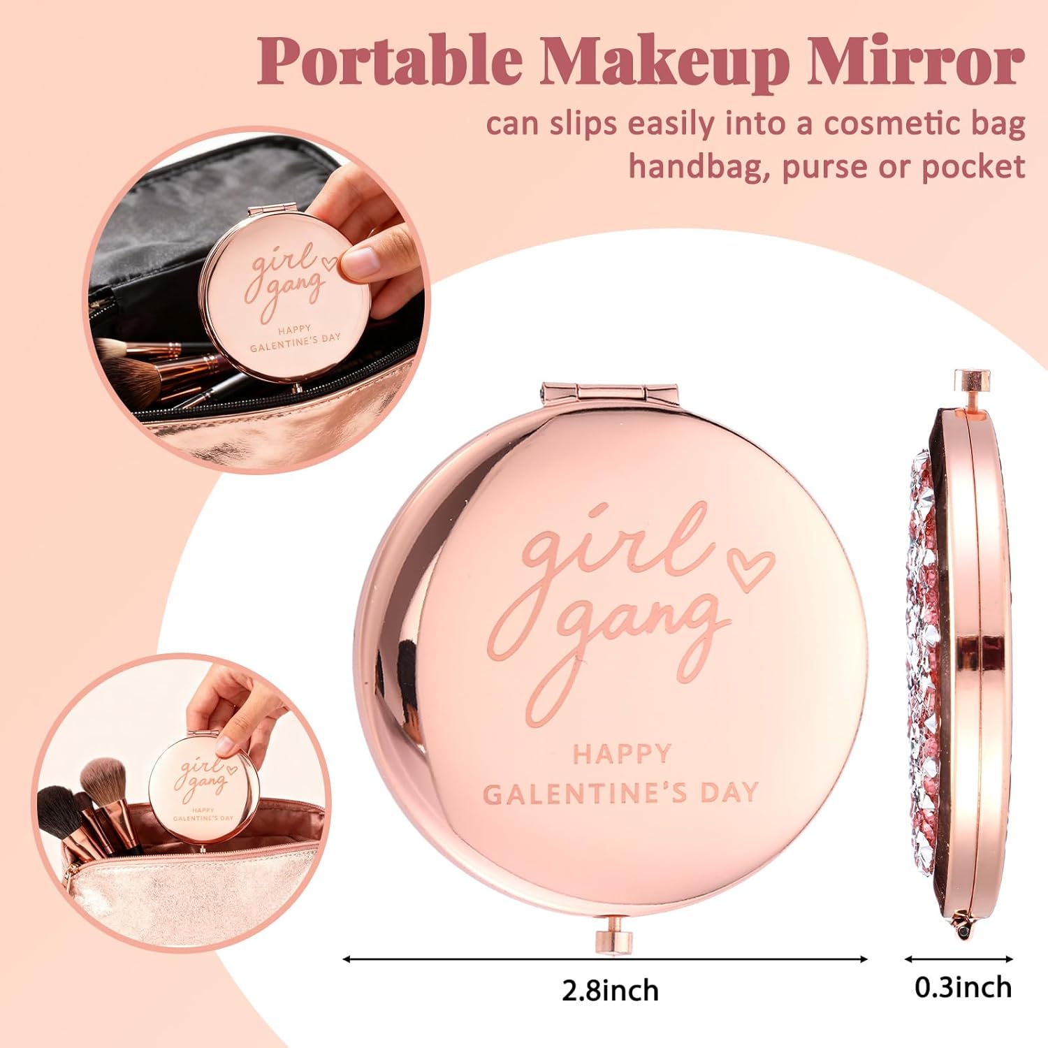 Thyle 12 Pcs Galentine's Day Gifts Compact Mirror for Purse, Double-Sided 1x/2x Magnifying, Metal Shell with Diamond, Galentines Folding Mini Pocket Travel Makeup Mirror for Women Friends Besties BFF