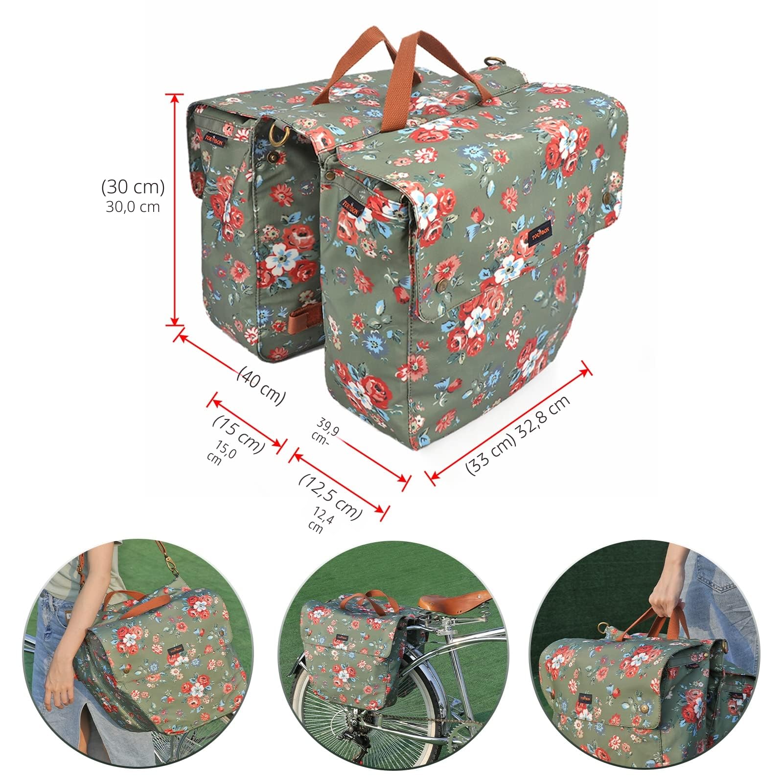 Leinwand Fahrrad Rücksitz Tragetasche Gepäck Aufbewahrungstasche Radfahren Doppel aufrollbare Gepäcktasche Rücktasche (Blumenmuster), Green, 33 * 12.5 * 30cm